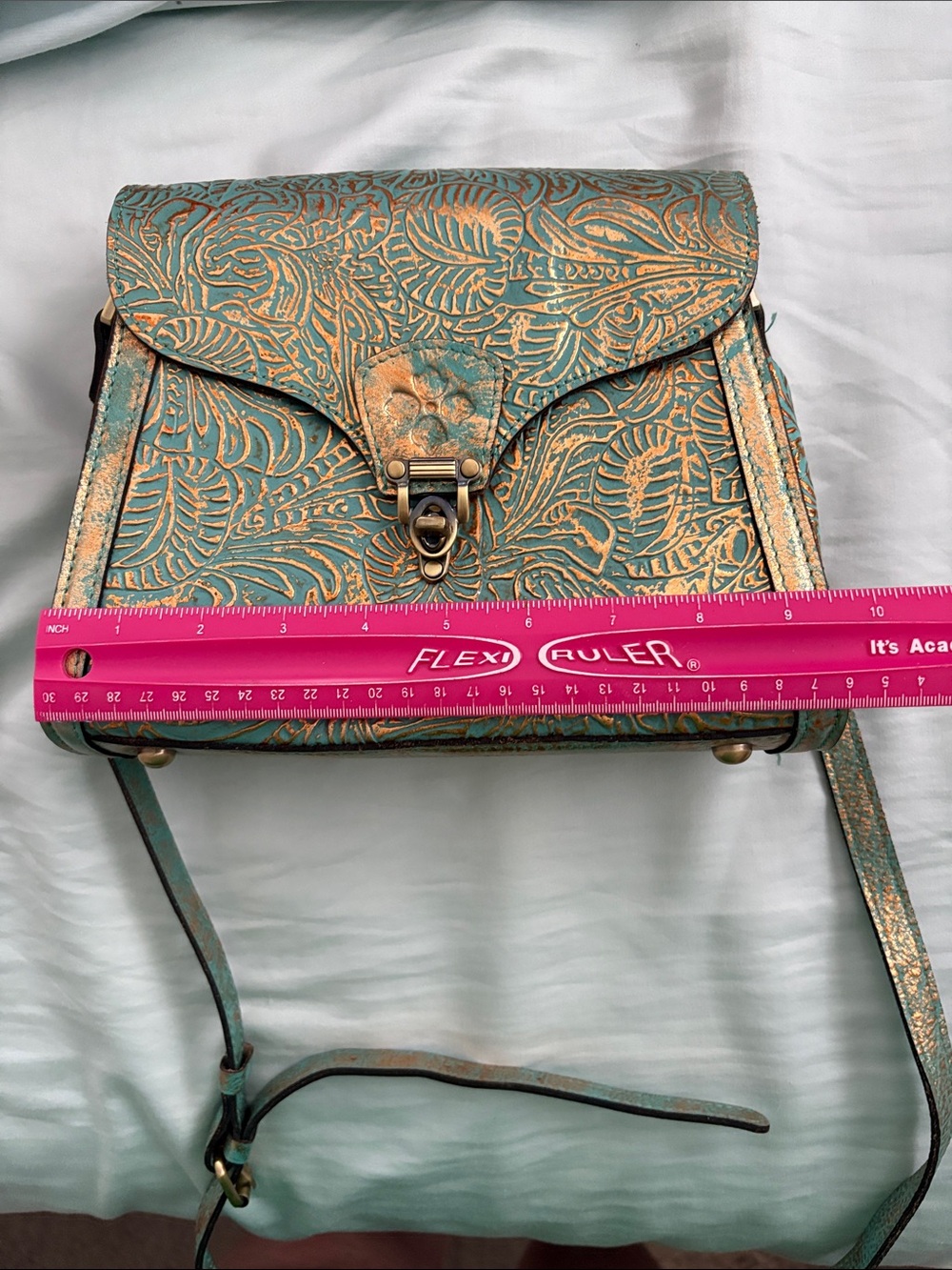 Patricia Nash Turquoise and gold Embossed Leather Crossbody Bag - Picture 10 of 11
